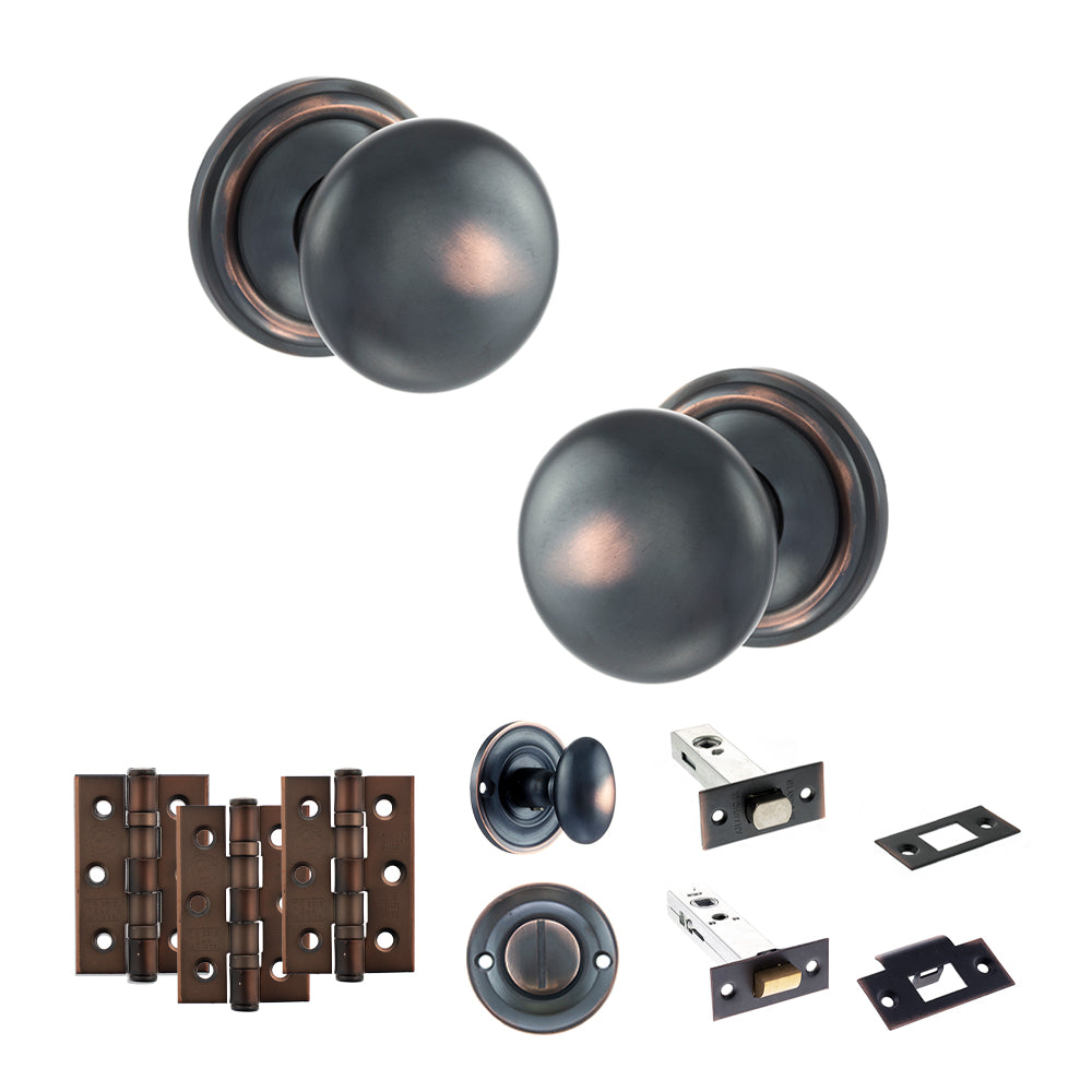 Old English Harrogate Door Knob Pack (Bathroom Set - 4" Deadbolt, 3" Fire Rated Hinges x3) - Antique Copper