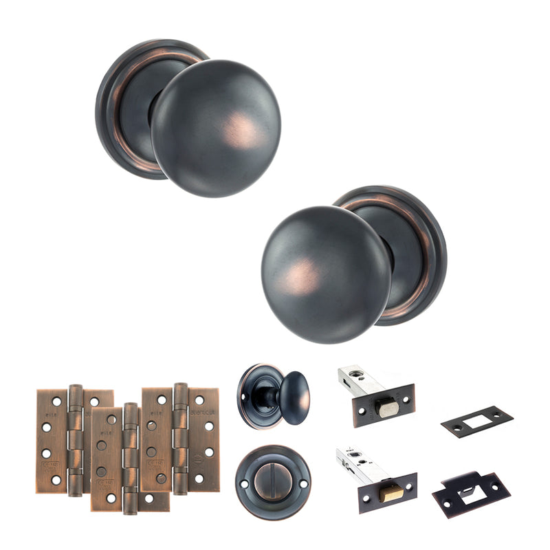 Old English Harrogate Door Knob Pack (Bathroom Set - 3" Deadbolt, 4" Fire Rated Hinges x3) - Antique Copper