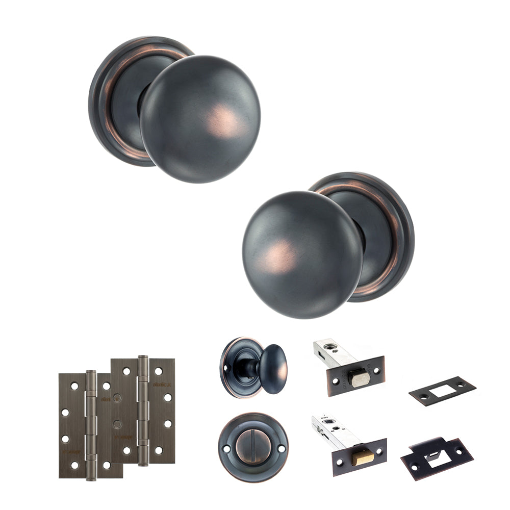 Old English Harrogate Door Knob Pack (Bathroom Set - 3" Deadbolt, 4" Slim Knuckle Hinges x2) - Antique Copper