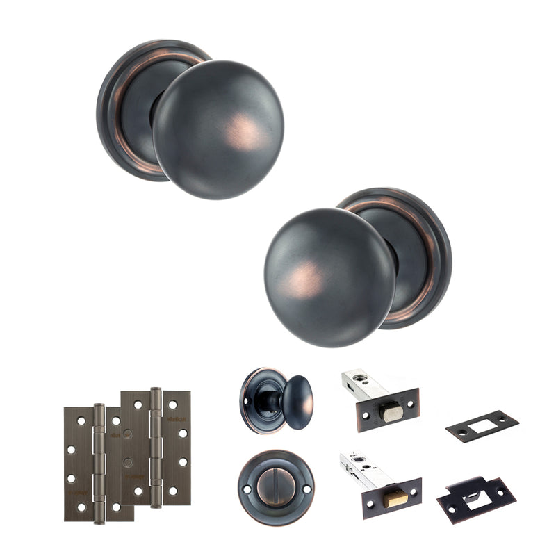 Old English Harrogate Door Knob Pack (Bathroom Set - 3" Deadbolt, 4" Slim Knuckle Hinges x2) - Antique Copper