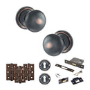 Old English Harrogate Door Knob Pack (Lock Set - 3" Latch & Deadlock, 3" Fire Rated Hinges x3) - Antique Copper