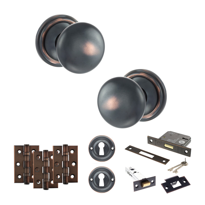 Old English Harrogate Door Knob Pack (Lock Set - 3" Latch & Deadlock, 3" Fire Rated Hinges x3) - Antique Copper