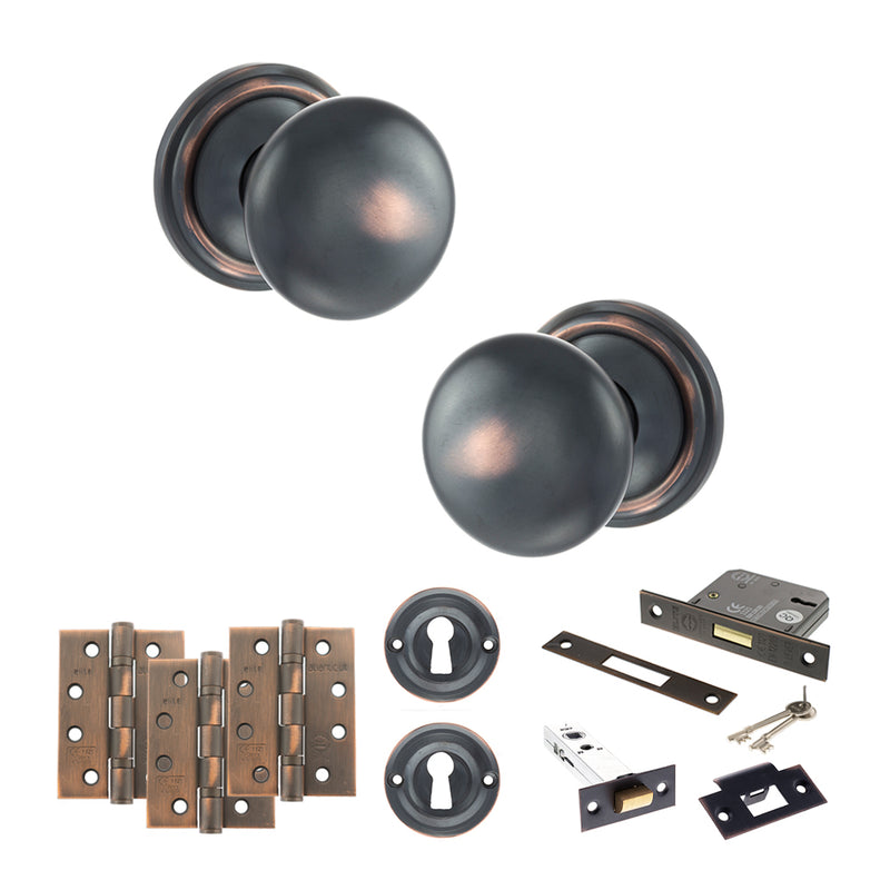 Old English Harrogate Door Knob Pack (Lock Set - 3" Latch & Deadlock, 4" Fire Rated Hinges x3) - Antique Copper