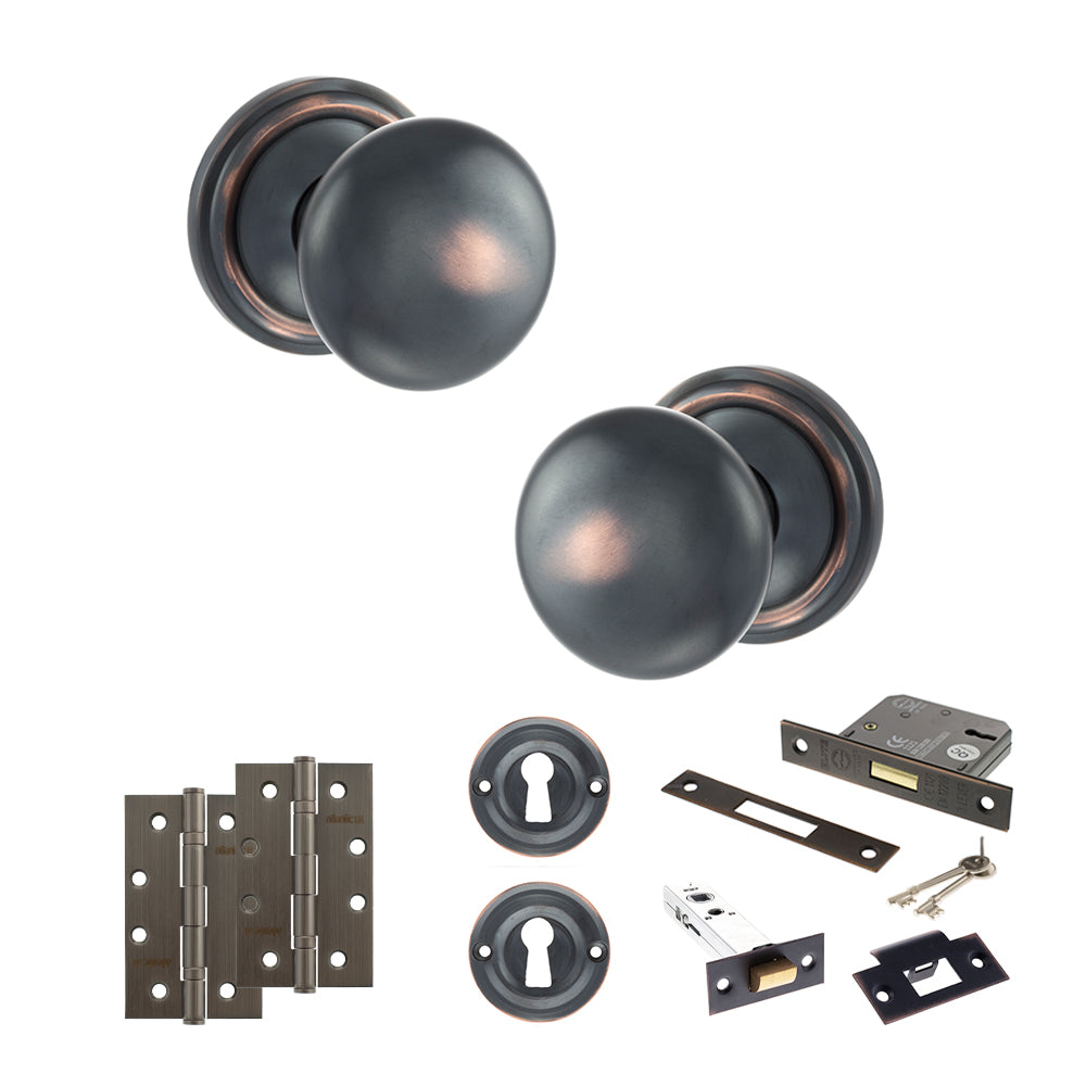 Old English Harrogate Door Knob Pack (Lock Set - 3" Latch & Deadlock, 4" Slim Knuckle Hinges x2) - Antique Copper