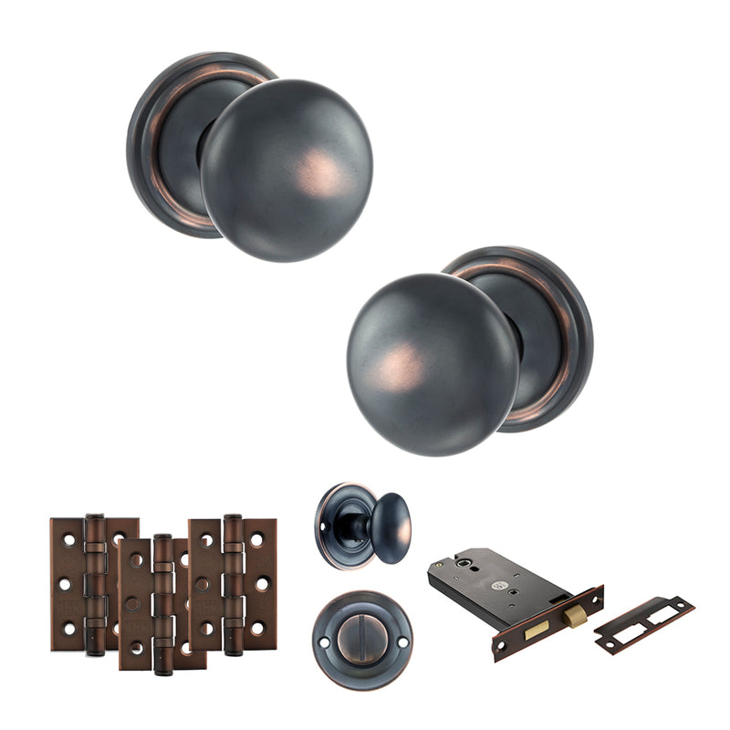 Old English Harrogate Door Knob Pack (Lock Set - Horizontal Bathlock, 3" Fire Rated Hinges x3) - Antique Copper