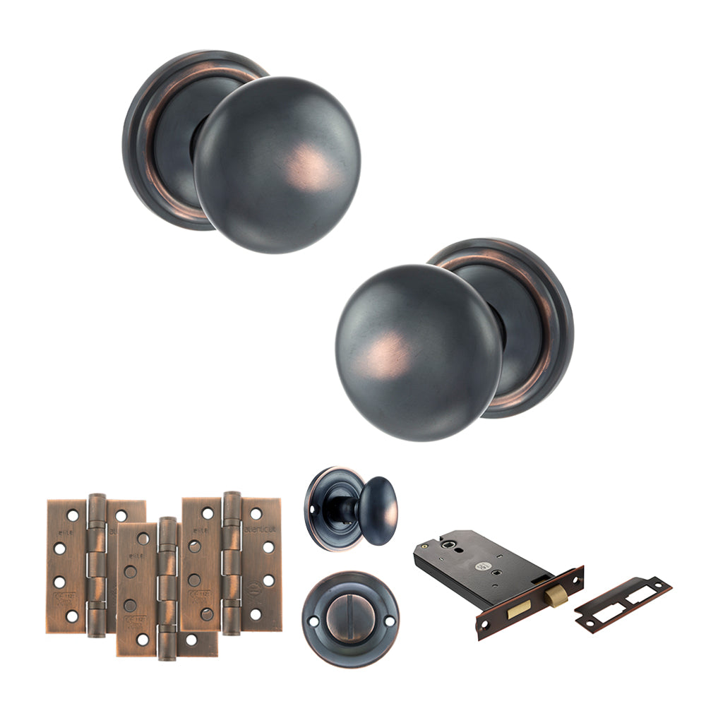 Old English Harrogate Door Knob Pack (Lock Set - Horizontal Bathlock, 4" Fire Rated Hinges x3) - Antique Copper