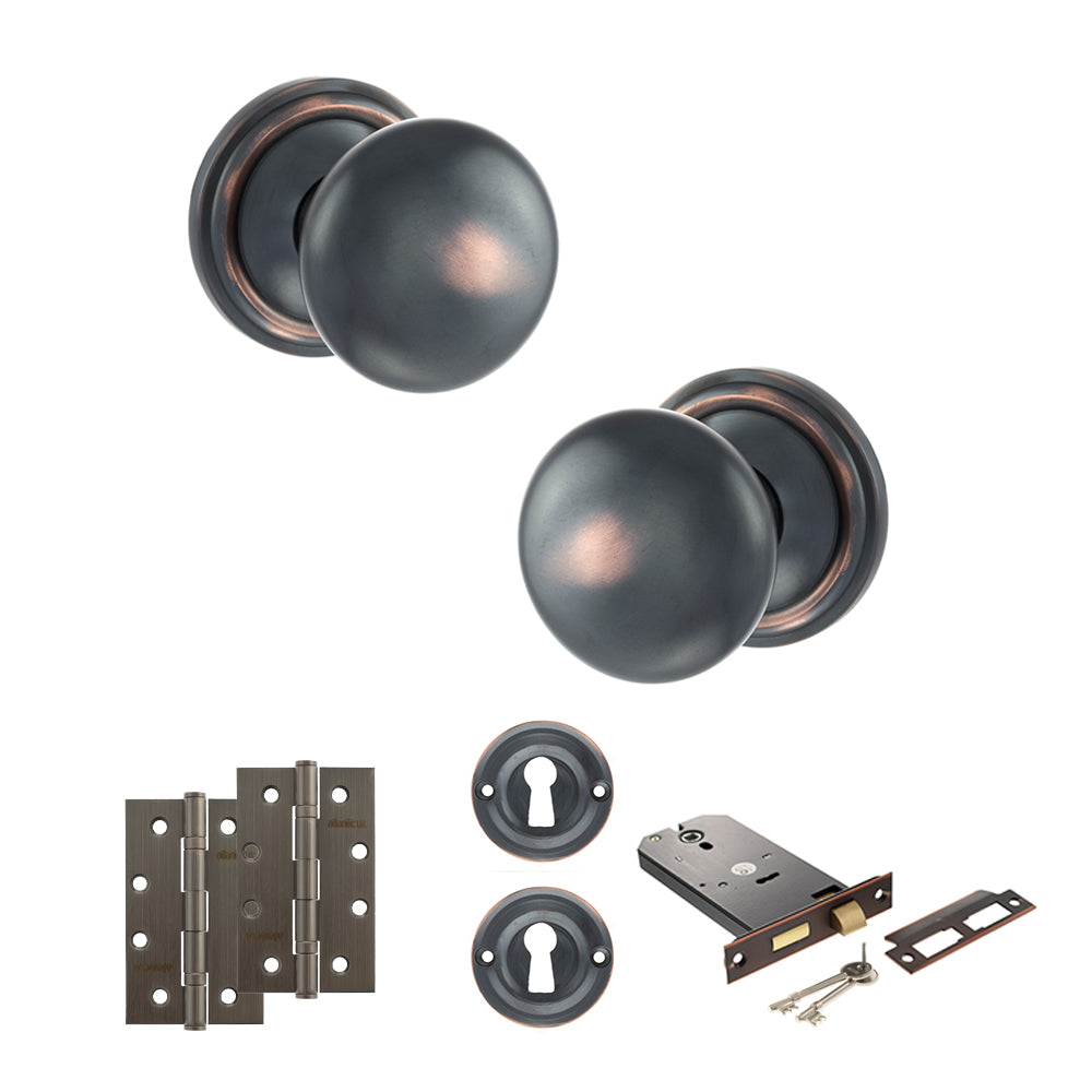 Old English Harrogate Door Knob Pack (Lock Set - Horizontal Sashlock, 4" Slim Knuckle Hinges x2) - Antique Copper