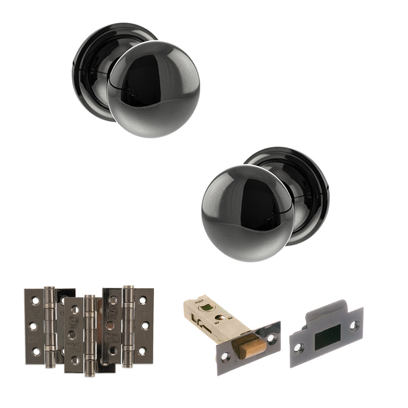 Old English Harrogate Door Knob Pack (Latch Set - 3" HD Latch, 3" Fire Rated Hinges x3) - Black Nickel