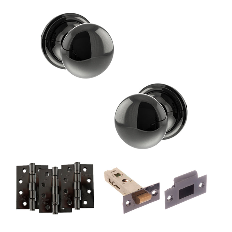 Old English Harrogate Door Knob Pack (Latch Set - 3" HD Latch, 4" Fire Rated Hinges x3) - Black Nickel