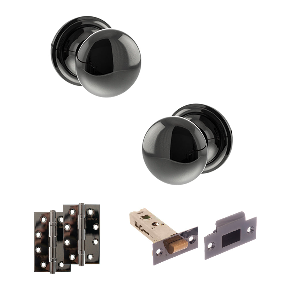 Old English Harrogate Door Knob Pack (Latch Set - 4" HD Latch, 4" Slim Knuckle Hinges x2) - Black Nickel