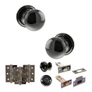Old English Harrogate Door Knob Pack (Bathroom Set - 4" Deadbolt, 3" Fire Rated Hinges x3) - Black Nickel