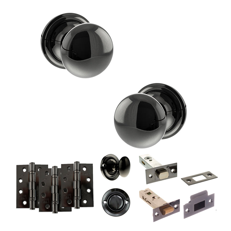 Old English Harrogate Door Knob Pack (Bathroom Set - 4" Deadbolt, 4" Fire Rated Hinges x3) - Black Nickel