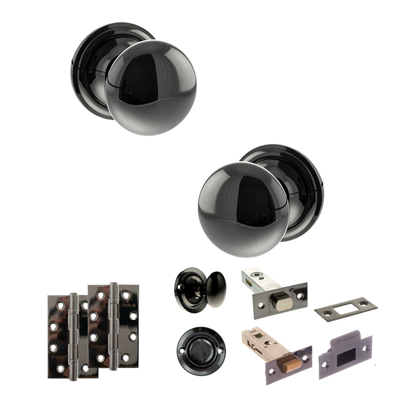 Old English Harrogate Door Knob Pack (Bathroom Set - 3" Deadbolt, 4" Slim Knuckle Hinges x2) - Black Nickel