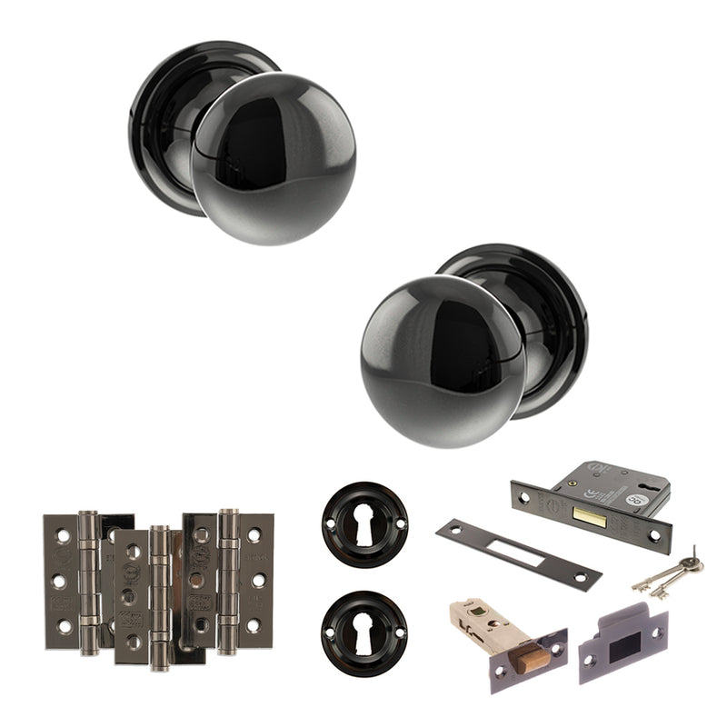 Old English Harrogate Door Knob Pack (Lock Set - 3" Latch & Deadlock, 3" Fire Rated Hinges x3) - Black Nickel