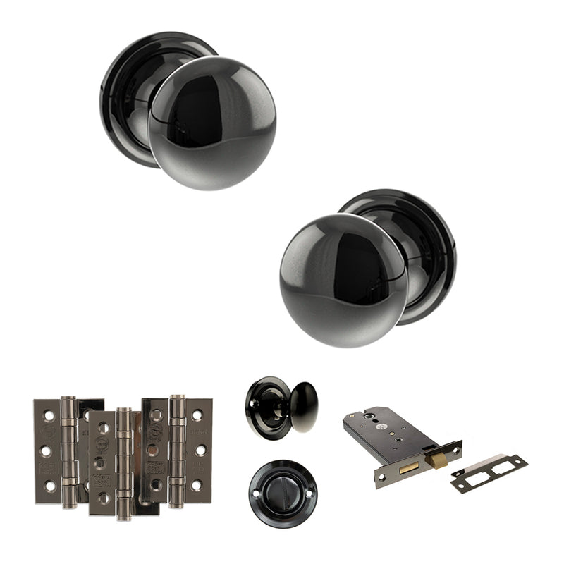 Old English Harrogate Door Knob Pack (Lock Set - Horizontal Bathlock, 3" Fire Rated Hinges x3) - Black Nickel