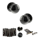 Old English Harrogate Door Knob Pack (Lock Set - Horizontal Bathlock, 4" Fire Rated Hinges x3) - Black Nickel