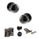Old English Harrogate Door Knob Pack (Lock Set - Horizontal Bathlock, 4" Slim Knuckle Hinges x2) - Black Nickel