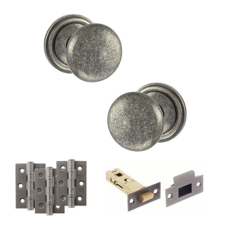 Old English Harrogate Door Knob Pack (Latch Set - 3" HD Latch, 3" Fire Rated Hinges x3) - Distressed Silver
