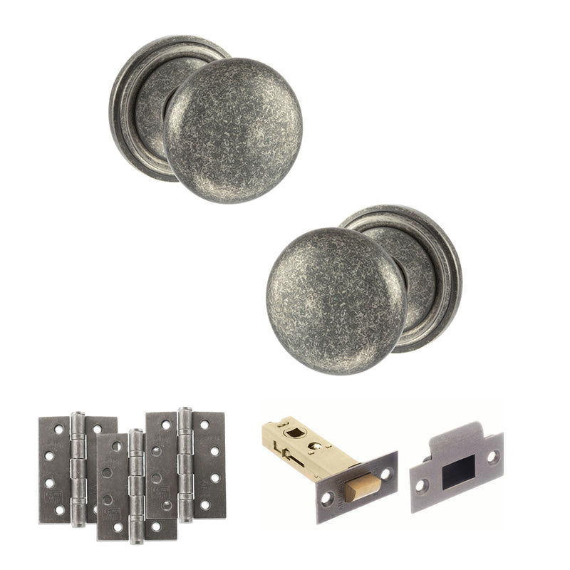 Old English Harrogate Door Knob Pack (Latch Set - 3" HD Latch, 4" Fire Rated Hinges x3) - Distressed Silver