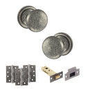 Old English Harrogate Door Knob Pack (Latch Set - 4" HD Latch, 4" Fire Rated Hinges x3) - Distressed Silver