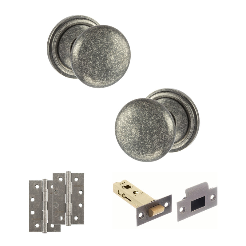Old English Harrogate Door Knob Pack (Latch Set - 3" HD Latch, 4" Slim Knuckle Hinges x2) - Distressed Silver