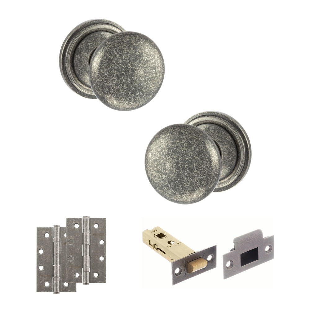 Old English Harrogate Door Knob Pack (Latch Set - 4" HD Latch, 4" Slim Knuckle Hinges x2) - Distressed Silver