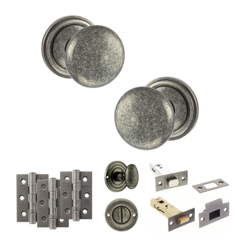 Old English Harrogate Door Knob Pack (Bathroom Set - 4" Deadbolt, 3" Fire Rated Hinges x3) - Distressed Silver