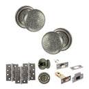 Old English Harrogate Door Knob Pack (Bathroom Set - 3" Deadbolt, 4" Fire Rated Hinges x3) - Distressed Silver