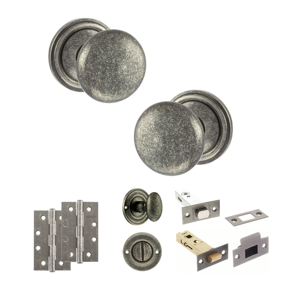 Old English Harrogate Door Knob Pack (Bathroom Set - 3" Deadbolt, 4" Slim Knuckle Hinges x2) - Distressed Silver
