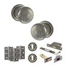 Old English Harrogate Door Knob Pack (Lock Set - 3" Latch & Deadlock, 3" Fire Rated Hinges x3) - Distressed Silver