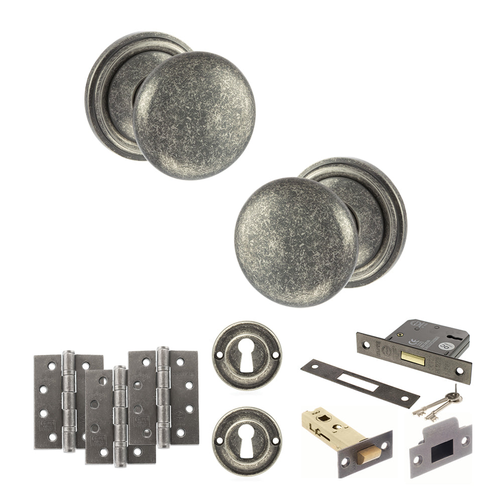 Old English Harrogate Door Knob Pack (Lock Set - 3" Latch & Deadlock, 4" Fire Rated Hinges x3) - Distressed Silver