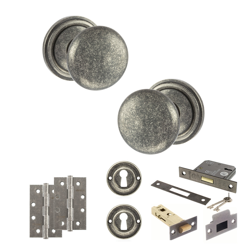Old English Harrogate Door Knob Pack (Lock Set - 3" Latch & Deadlock, 4" Slim Knuckle Hinges x2) - Distressed Silver