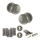Old English Harrogate Door Knob Pack (Lock Set - Horizontal Sashlock, 3" Fire Rated Hinges x3) - Distressed Silver