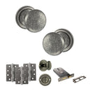 Old English Harrogate Door Knob Pack (Lock Set - Horizontal Bathlock, 3" Fire Rated Hinges x3) - Distressed Silver