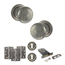 Old English Harrogate Door Knob Pack (Lock Set - Horizontal Sashlock, 4" Fire Rated Hinges x3) - Distressed Silver