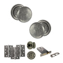 Old English Harrogate Door Knob Pack (Lock Set - Horizontal Bathlock, 4" Fire Rated Hinges x3) - Distressed Silver