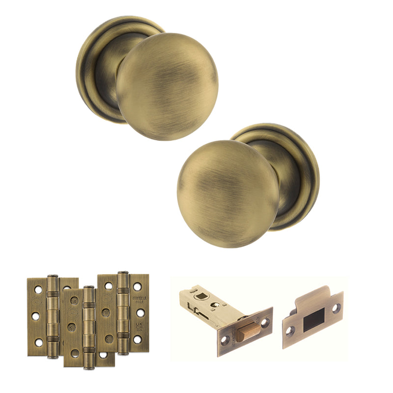Old English Harrogate Door Knob Pack (Latch Set - 4" HD Latch, 3" Fire Rated Hinges x3) - Matt Antique Brass