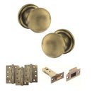 Old English Harrogate Door Knob Pack (Latch Set - 3" HD Latch, 4" Fire Rated Hinges x3) - Matt Antique Brass