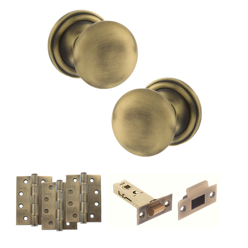 Old English Harrogate Door Knob Pack (Latch Set - 4" HD Latch, 4" Fire Rated Hinges x3) - Matt Antique Brass
