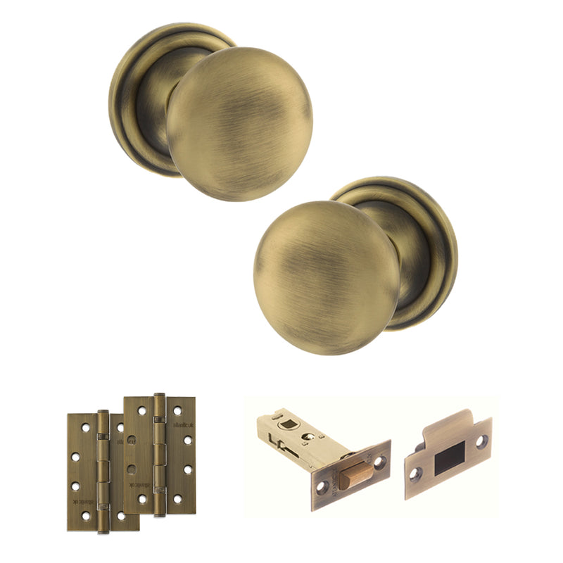 Old English Harrogate Door Knob Pack (Latch Set - 3" HD Latch, 4" Slim Knuckle Hinges x2) - Matt Antique Brass