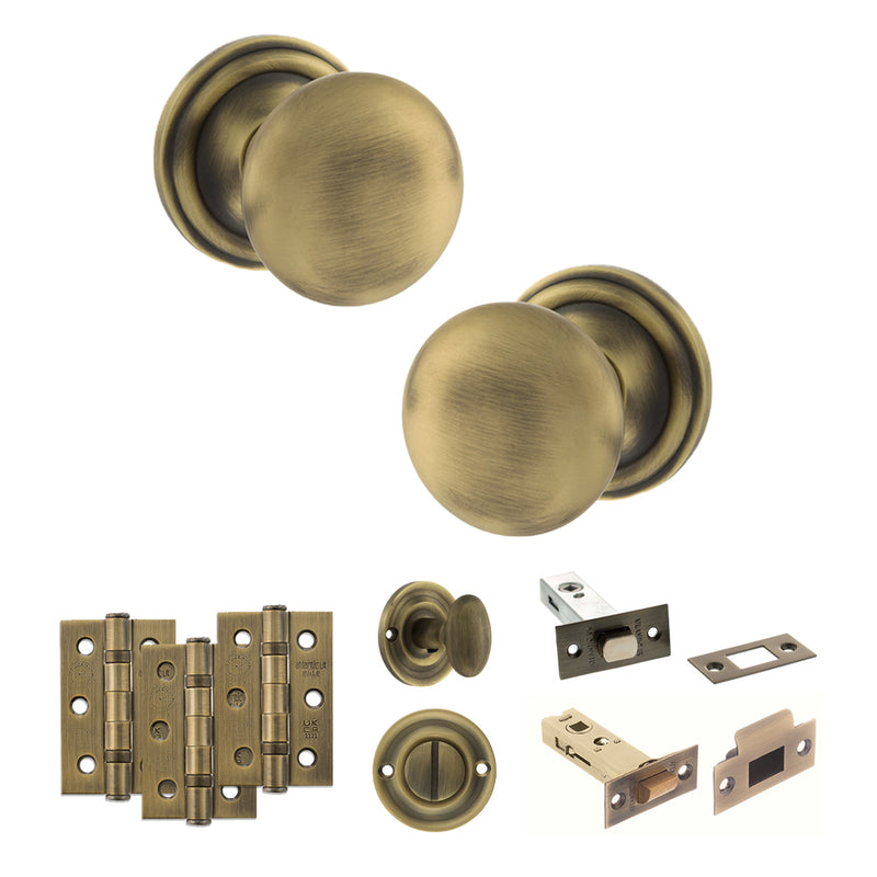 Old English Harrogate Door Knob Pack (Bathroom Set - 4" Deadbolt, 3" Fire Rated Hinges x3) - Matt Antique Brass
