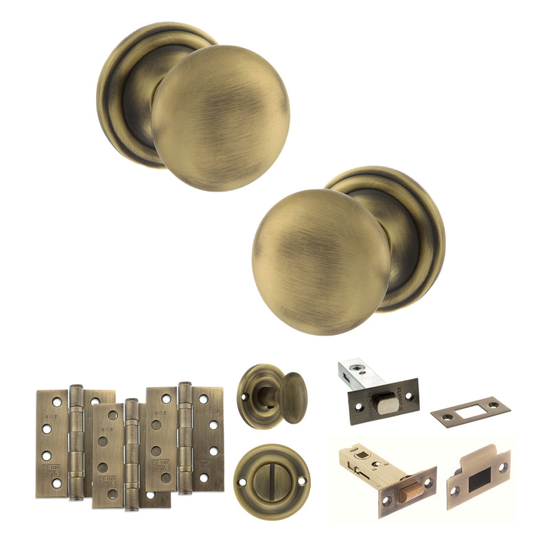 Old English Harrogate Door Knob Pack (Bathroom Set - 3" Deadbolt, 4" Fire Rated Hinges x3) - Matt Antique Brass