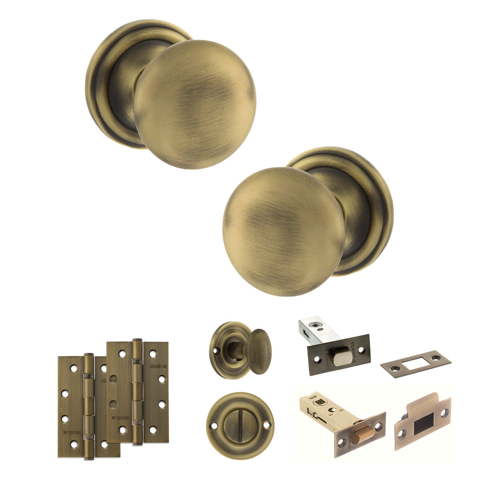 Old English Harrogate Door Knob Pack (Bathroom Set - 4" Deadbolt, 4" Slim Knuckle Hinges x2) - Matt Antique Brass