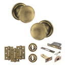 Old English Harrogate Door Knob Pack (Lock Set - 3" Latch & Deadlock, 3" Fire Rated Hinges x3) - Matt Antique Brass