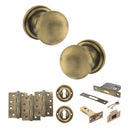 Old English Harrogate Door Knob Pack (Lock Set - 3" Latch & Deadlock, 4" Fire Rated Hinges x3) - Matt Antique Brass