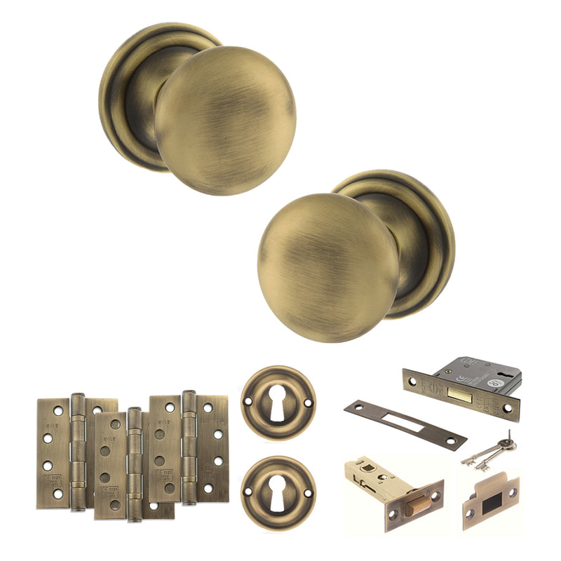 Old English Harrogate Door Knob Pack (Lock Set - 3" Latch & Deadlock, 4" Fire Rated Hinges x3) - Matt Antique Brass