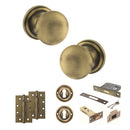 Old English Harrogate Door Knob Pack (Lock Set - 3" Latch & Deadlock, 4" Slim Knuckle Hinges x2) - Matt Antique Brass