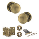 Old English Harrogate Door Knob Pack (Lock Set - Horizontal Sashlock, 3" Fire Rated Hinges x3) - Matt Antique Brass