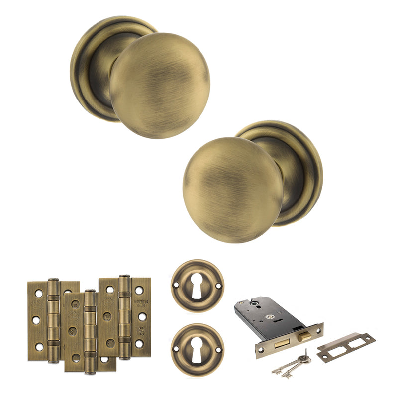 Old English Harrogate Door Knob Pack (Lock Set - Horizontal Sashlock, 3" Fire Rated Hinges x3) - Matt Antique Brass