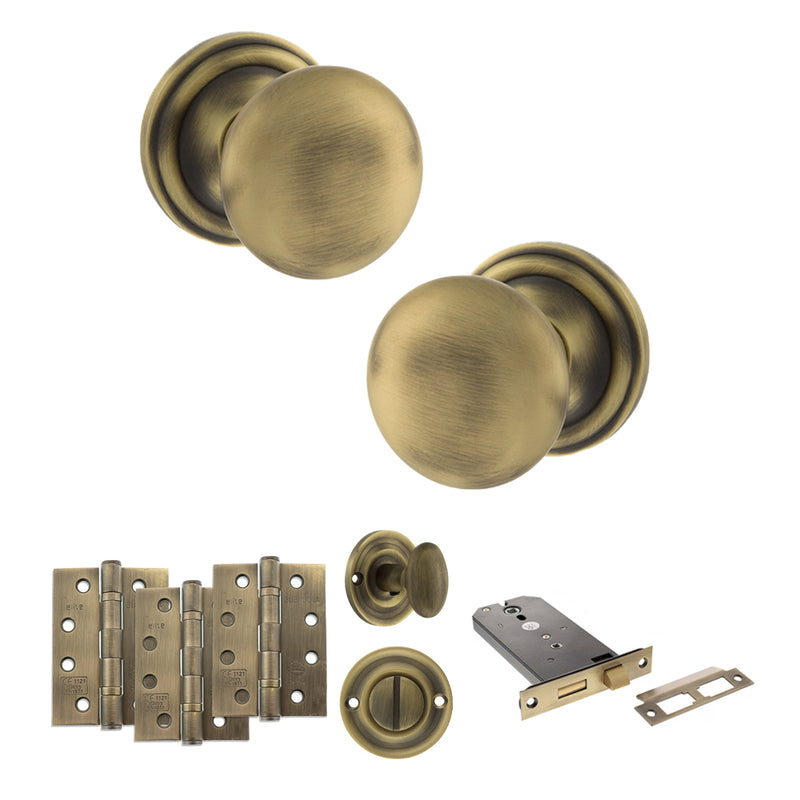 Old English Harrogate Door Knob Pack (Lock Set - Horizontal Bathlock, 4" Fire Rated Hinges x3) - Matt Antique Brass